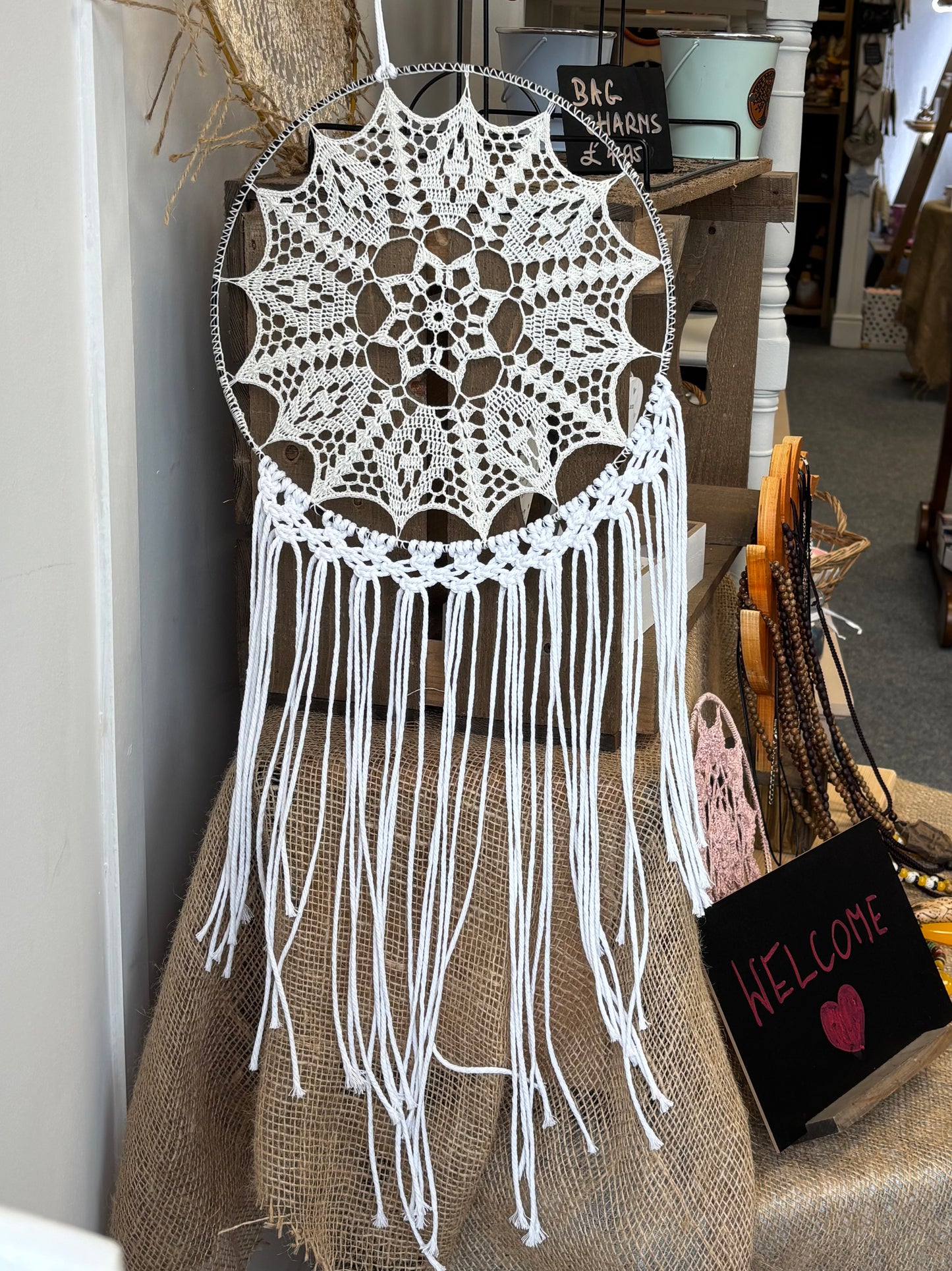 Handmade Crochet Dreamcatcher – White Mandala Wall Hanging (30cm)