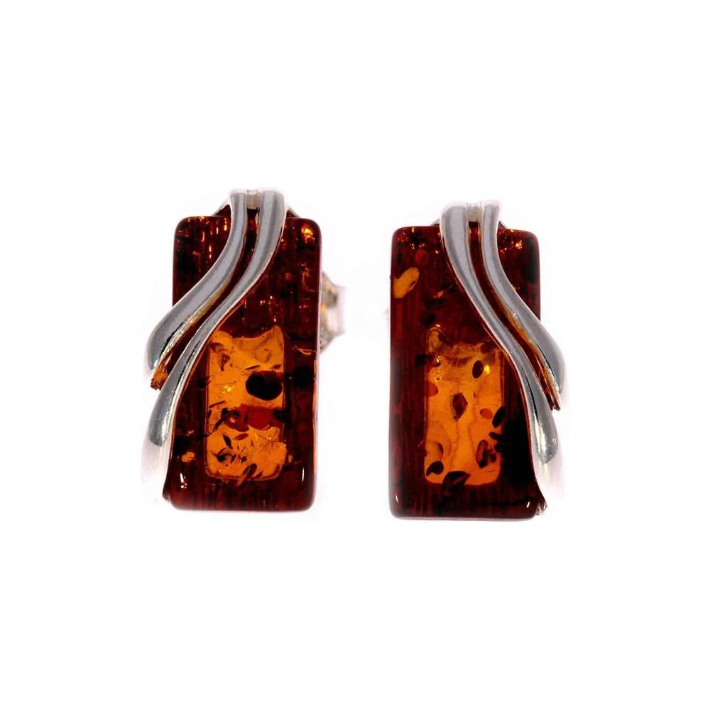 Sterling Silver Rectangular Amber Earrings – Baltic Amber Studs (Cognac, Green, Yellow or Honey)