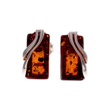 Sterling Silver Rectangular Amber Earrings – Baltic Amber Studs (Cognac, Green, Yellow or Honey)
