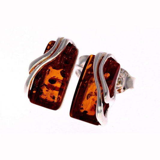 Sterling Silver Rectangular Amber Earrings – Baltic Amber Studs (Cognac, Green, Yellow or Honey)