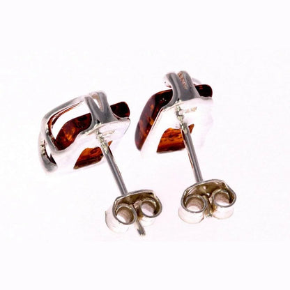 Sterling Silver Rectangular Amber Earrings – Baltic Amber Studs (Cognac, Green, Yellow or Honey)