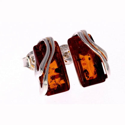 Sterling Silver Rectangular Amber Earrings – Baltic Amber Studs (Cognac, Green, Yellow or Honey)