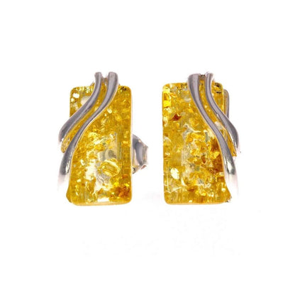 Sterling Silver Rectangular Amber Earrings – Baltic Amber Studs (Cognac, Green, Yellow or Honey)