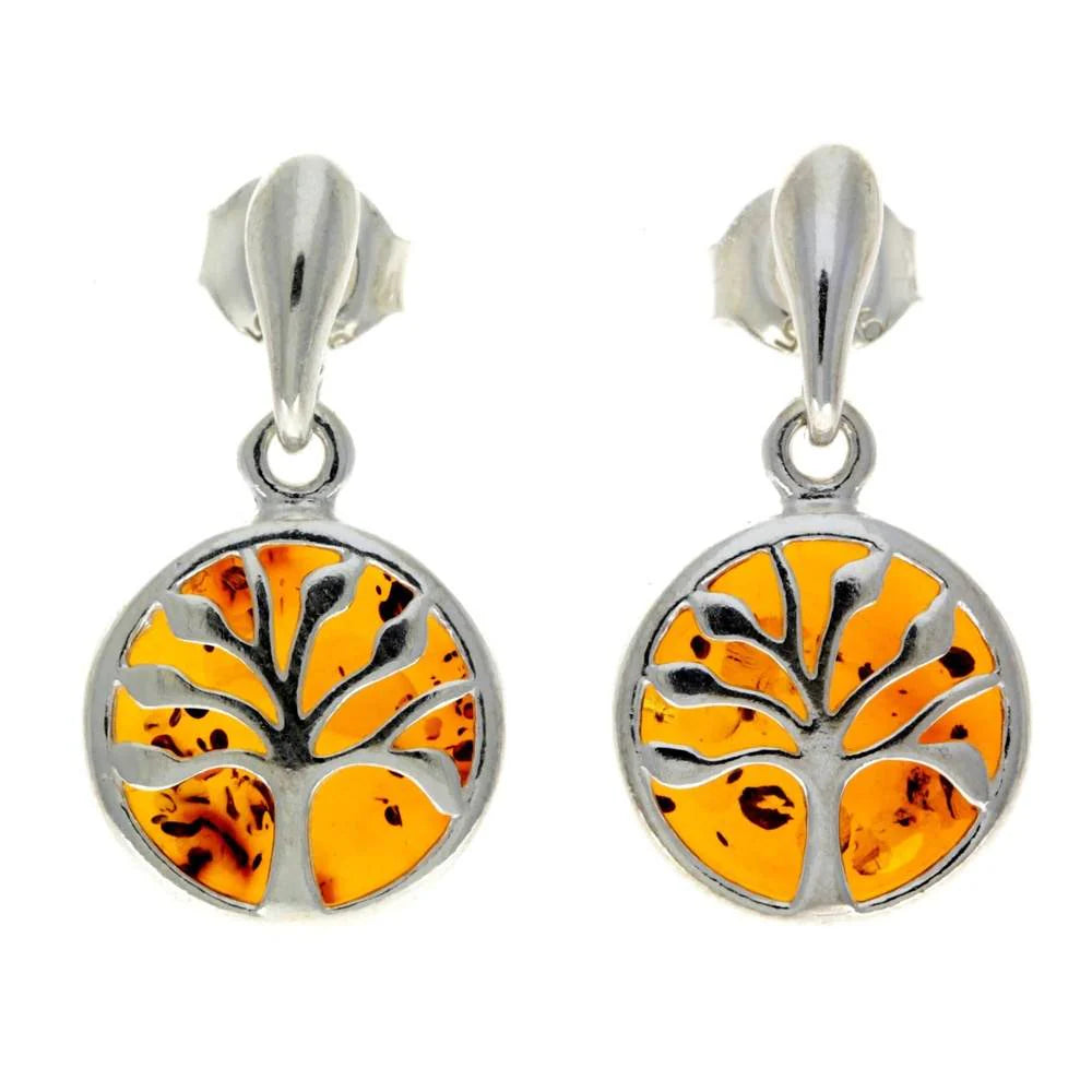 Sterling Silver Tree of Life Amber Earrings – Baltic Amber Stud Dangles (Cognac or Green)