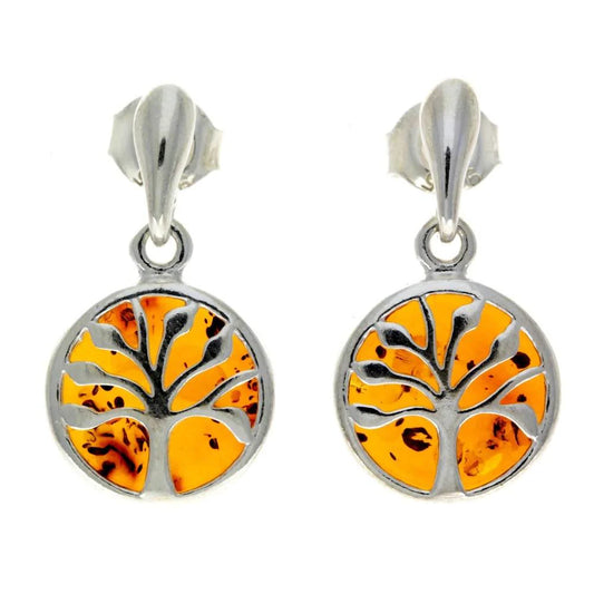 Sterling Silver Tree of Life Amber Earrings – Baltic Amber Stud Dangles (Cognac or Green)