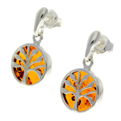 Sterling Silver Tree of Life Amber Earrings – Baltic Amber Stud Dangles (Cognac or Green)