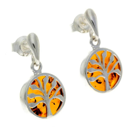 Sterling Silver Tree of Life Amber Earrings – Baltic Amber Stud Dangles (Cognac or Green)