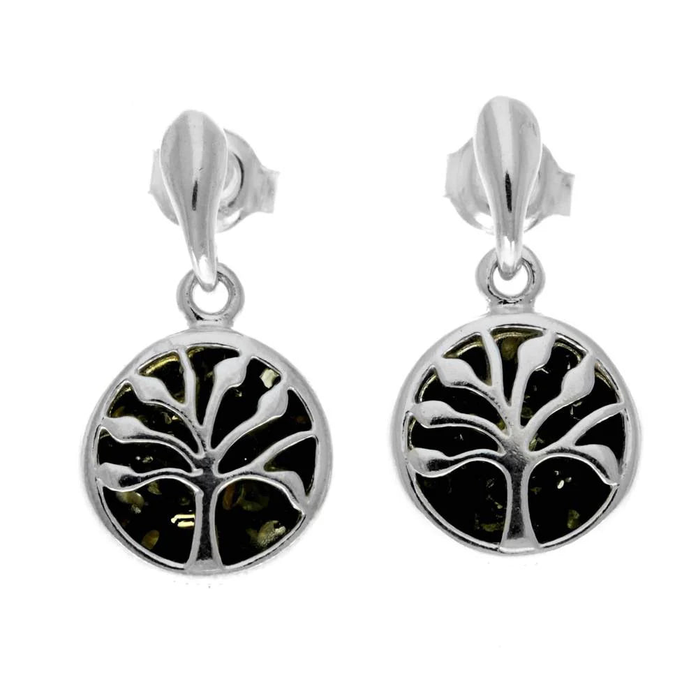 Sterling Silver Tree of Life Amber Earrings – Baltic Amber Stud Dangles (Cognac or Green)