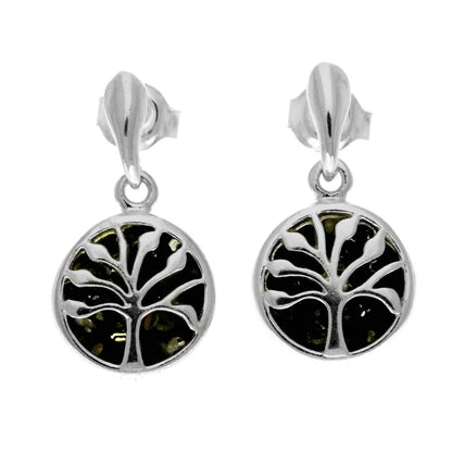 Sterling Silver Tree of Life Amber Earrings – Baltic Amber Stud Dangles (Cognac or Green)