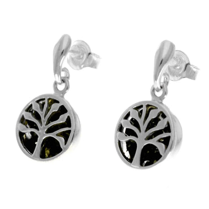 Sterling Silver Tree of Life Amber Earrings – Baltic Amber Stud Dangles (Cognac or Green)