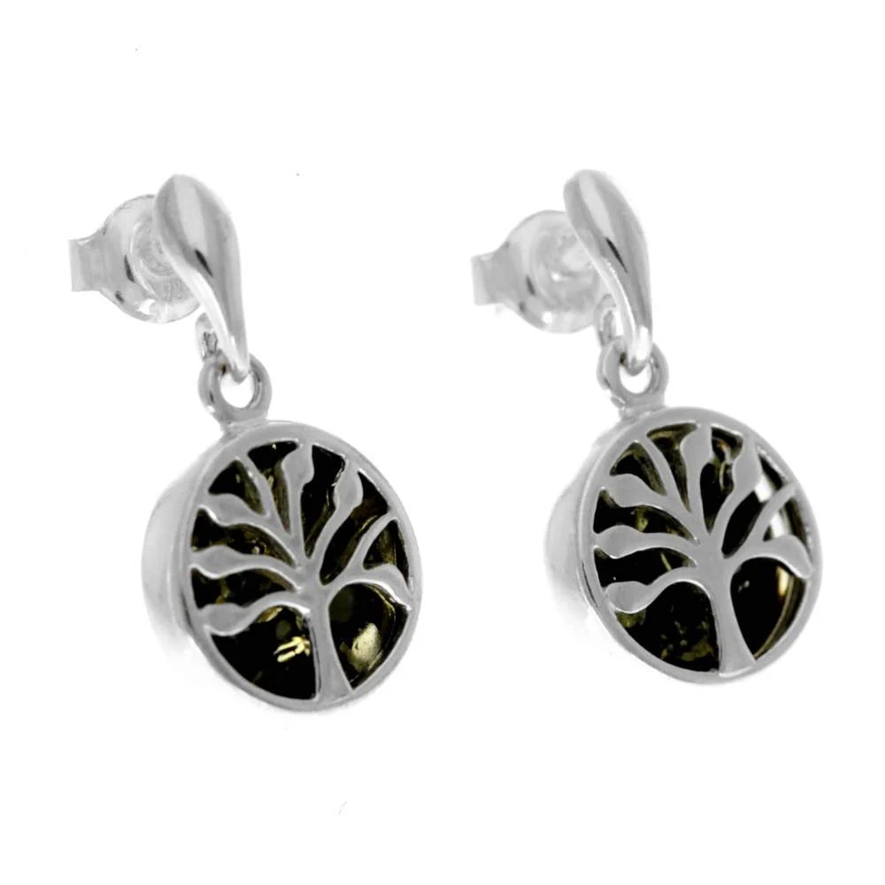 Sterling Silver Tree of Life Amber Earrings – Baltic Amber Stud Dangles (Cognac or Green)