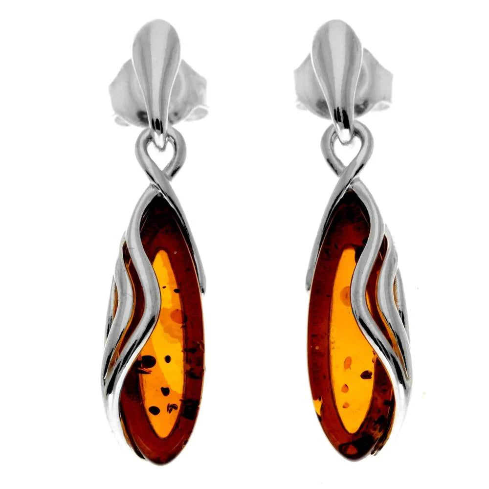 Sterling Silver Amber Drop Earrings – Baltic Amber Teardrop Dangle Earrings (Cognac, Green or Yellow)