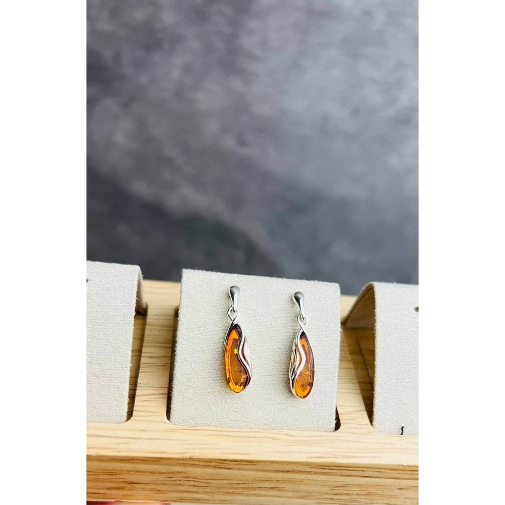 Sterling Silver Amber Drop Earrings – Baltic Amber Teardrop Dangle Earrings (Cognac, Green or Yellow)