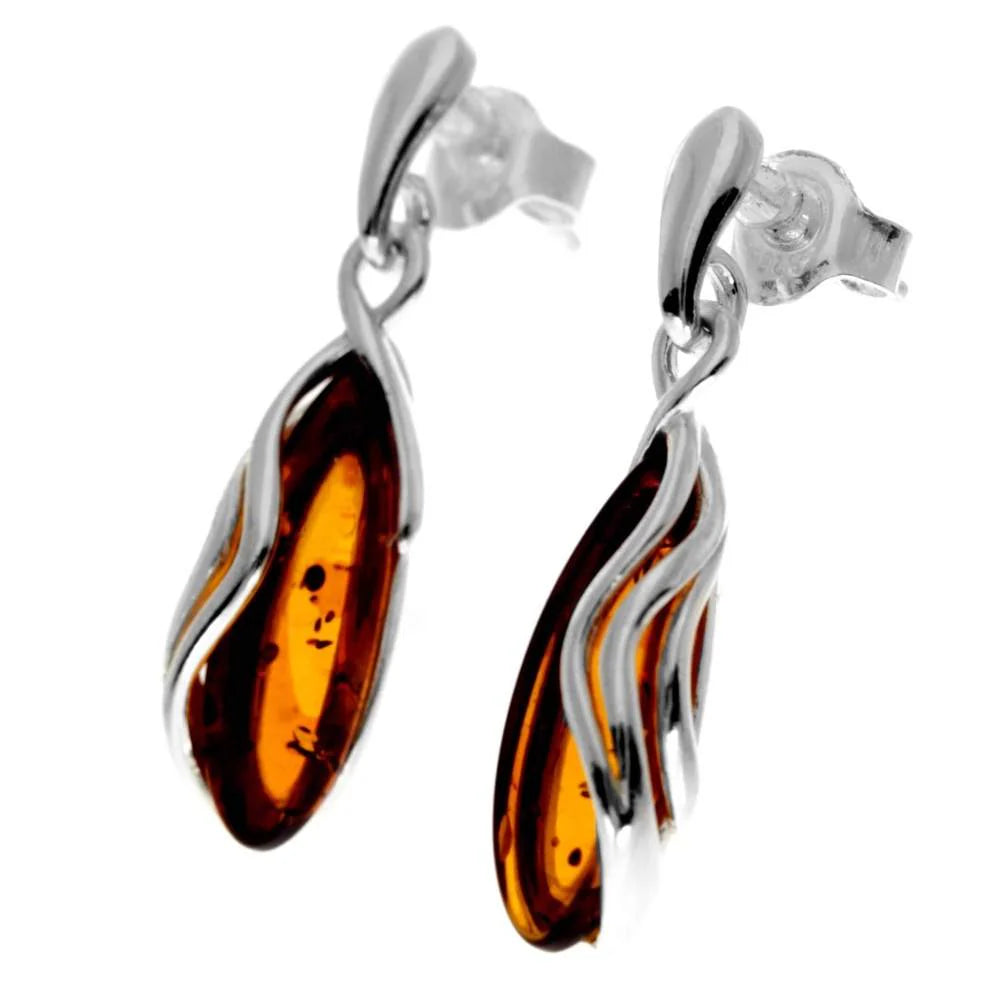Sterling Silver Amber Drop Earrings – Baltic Amber Teardrop Dangle Earrings (Cognac, Green or Yellow)