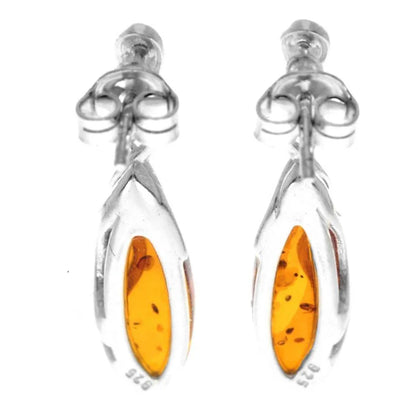 Sterling Silver Amber Drop Earrings – Baltic Amber Teardrop Dangle Earrings (Cognac, Green or Yellow)