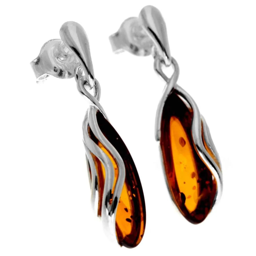Sterling Silver Amber Drop Earrings – Baltic Amber Teardrop Dangle Earrings (Cognac, Green or Yellow)