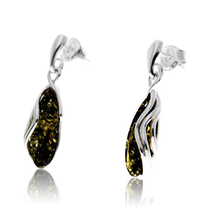 Sterling Silver Amber Drop Earrings – Baltic Amber Teardrop Dangle Earrings (Cognac, Green or Yellow)