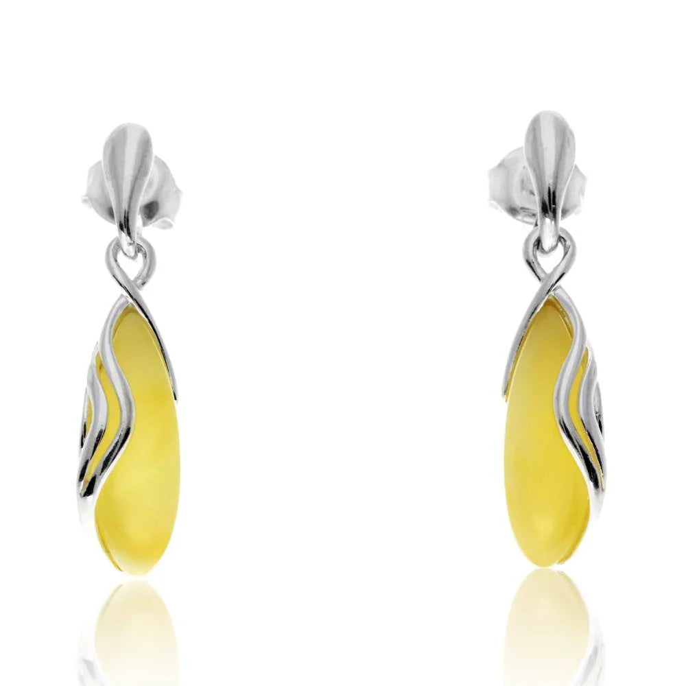 Sterling Silver Amber Drop Earrings – Baltic Amber Teardrop Dangle Earrings (Cognac, Green or Yellow)