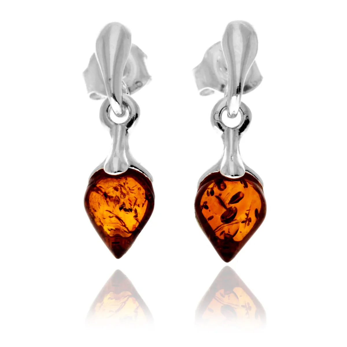 Sterling Silver Baltic Amber Drop Earrings – Teardrop Dangle Studs (Cognac, Green or Cherry)
