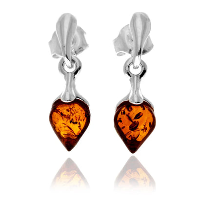 Sterling Silver Baltic Amber Drop Earrings – Teardrop Dangle Studs (Cognac, Green or Cherry)