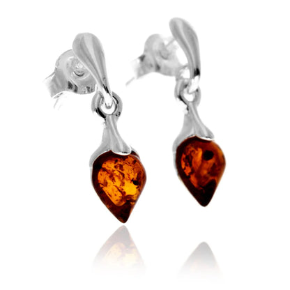 Sterling Silver Baltic Amber Drop Earrings – Teardrop Dangle Studs (Cognac, Green or Cherry)