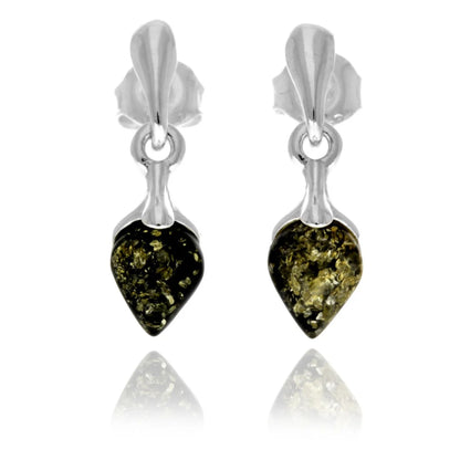Sterling Silver Baltic Amber Drop Earrings – Teardrop Dangle Studs (Cognac, Green or Cherry)