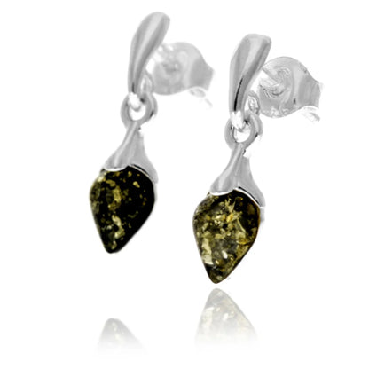 Sterling Silver Baltic Amber Drop Earrings – Teardrop Dangle Studs (Cognac, Green or Cherry)