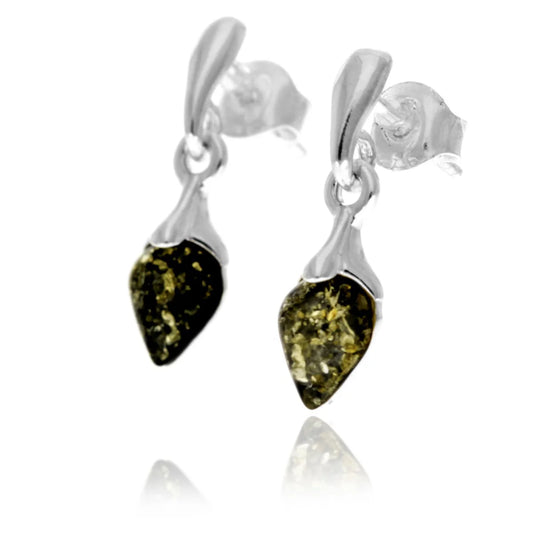 Sterling Silver Baltic Amber Drop Earrings – Teardrop Dangle Studs (Cognac, Green or Cherry)