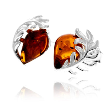 Sterling Silver Baltic Amber Teardrop Leaf Stud Earrings – Contemporary 925 Silver Natural Amber