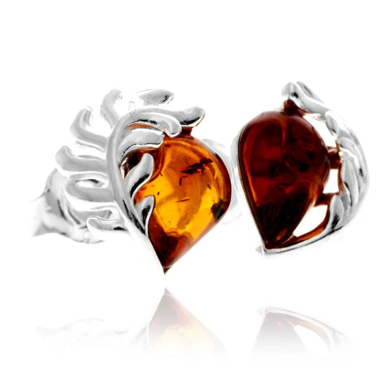 Sterling Silver Baltic Amber Teardrop Leaf Stud Earrings – Contemporary 925 Silver Natural Amber