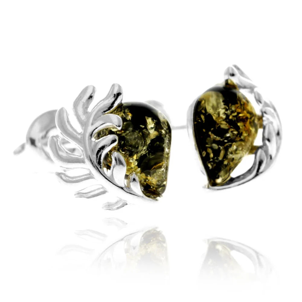 Sterling Silver Baltic Amber Teardrop Leaf Stud Earrings – Contemporary 925 Silver Natural Amber