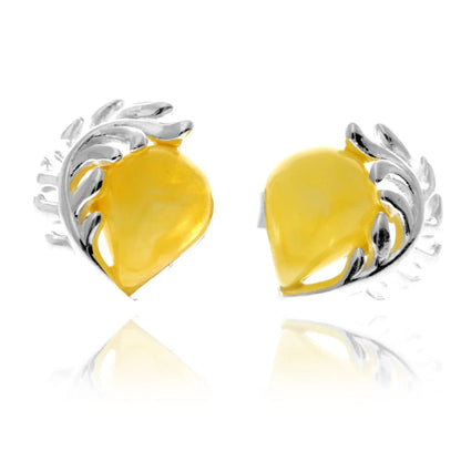 Sterling Silver Baltic Amber Teardrop Leaf Stud Earrings – Contemporary 925 Silver Natural Amber