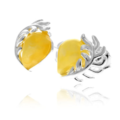 Sterling Silver Baltic Amber Teardrop Leaf Stud Earrings – Contemporary 925 Silver Natural Amber