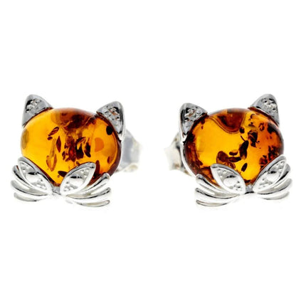 Sterling Silver Cat Amber Stud Earrings – Cute Baltic Amber Kitty Earrings (Cognac, Green or Yellow)