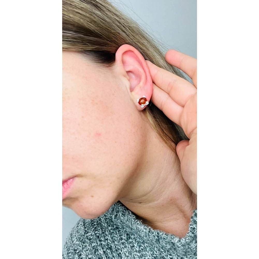 Sterling Silver Cat Amber Stud Earrings – Cute Baltic Amber Kitty Earrings (Cognac, Green or Yellow)