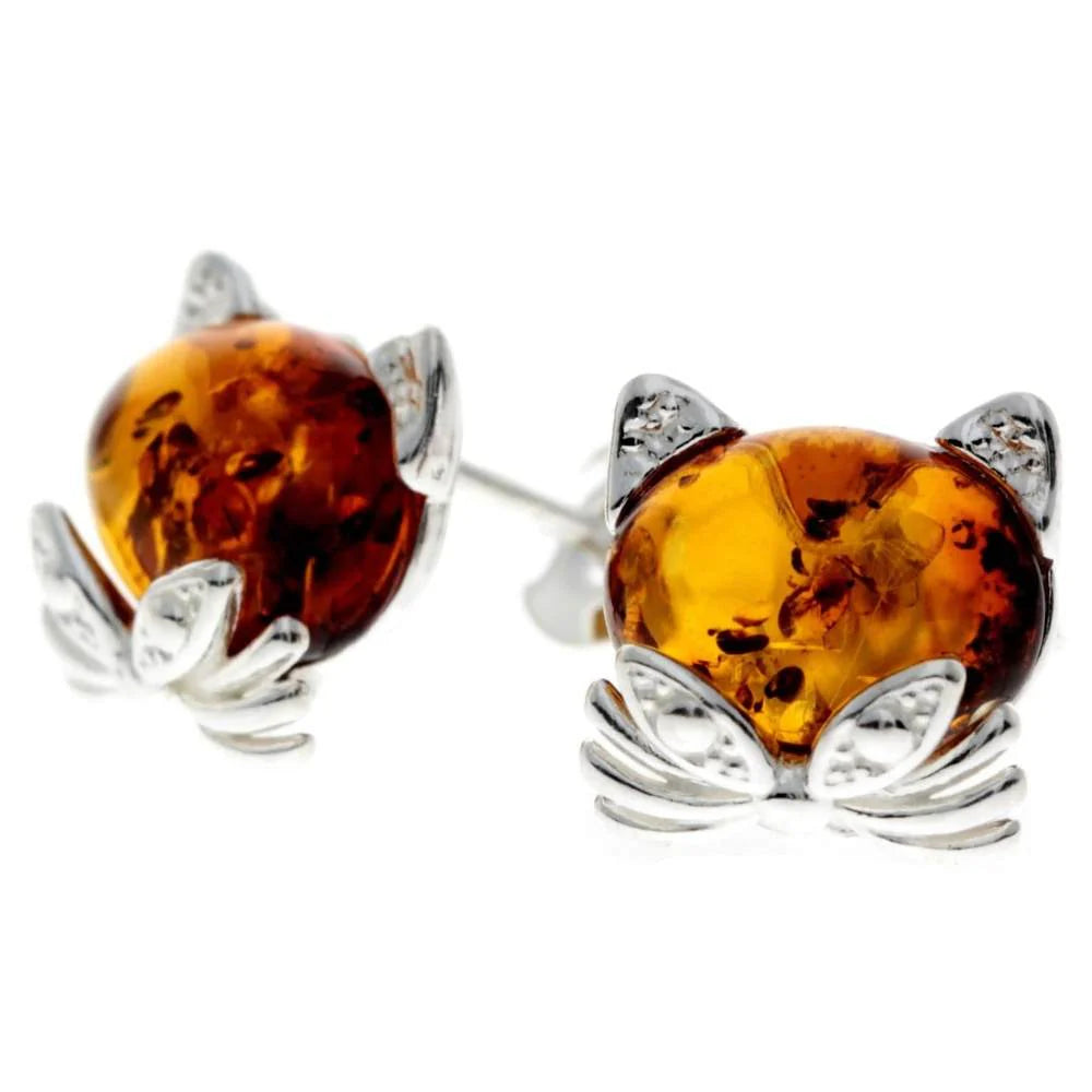 Sterling Silver Cat Amber Stud Earrings – Cute Baltic Amber Kitty Earrings (Cognac, Green or Yellow)