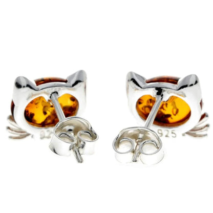 Sterling Silver Cat Amber Stud Earrings – Cute Baltic Amber Kitty Earrings (Cognac, Green or Yellow)