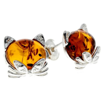 Sterling Silver Cat Amber Stud Earrings – Cute Baltic Amber Kitty Earrings (Cognac, Green or Yellow)