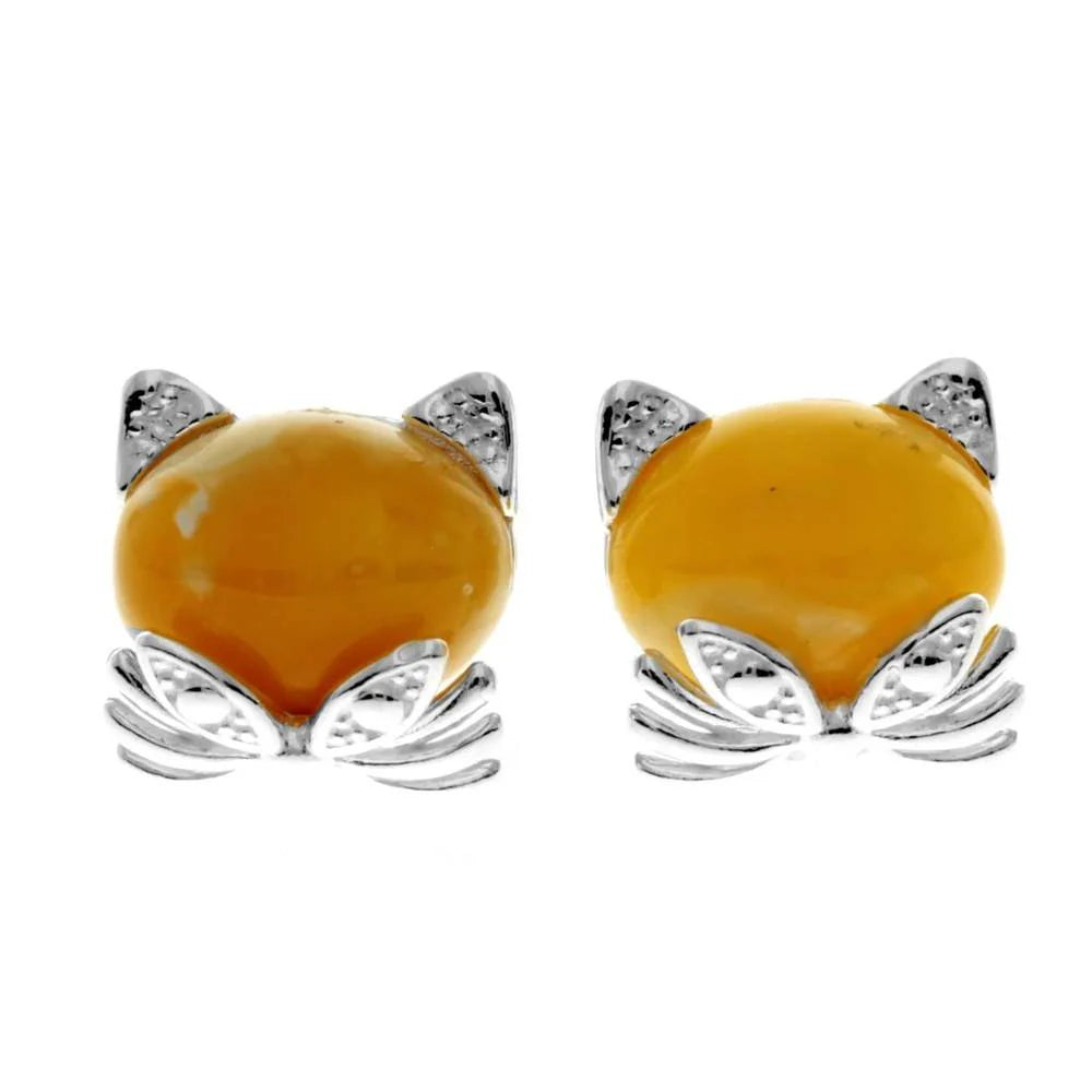 Sterling Silver Cat Amber Stud Earrings – Cute Baltic Amber Kitty Earrings (Cognac, Green or Yellow)