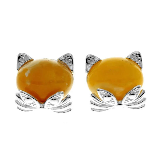 Sterling Silver Cat Amber Stud Earrings – Cute Baltic Amber Kitty Earrings (Cognac, Green or Yellow)