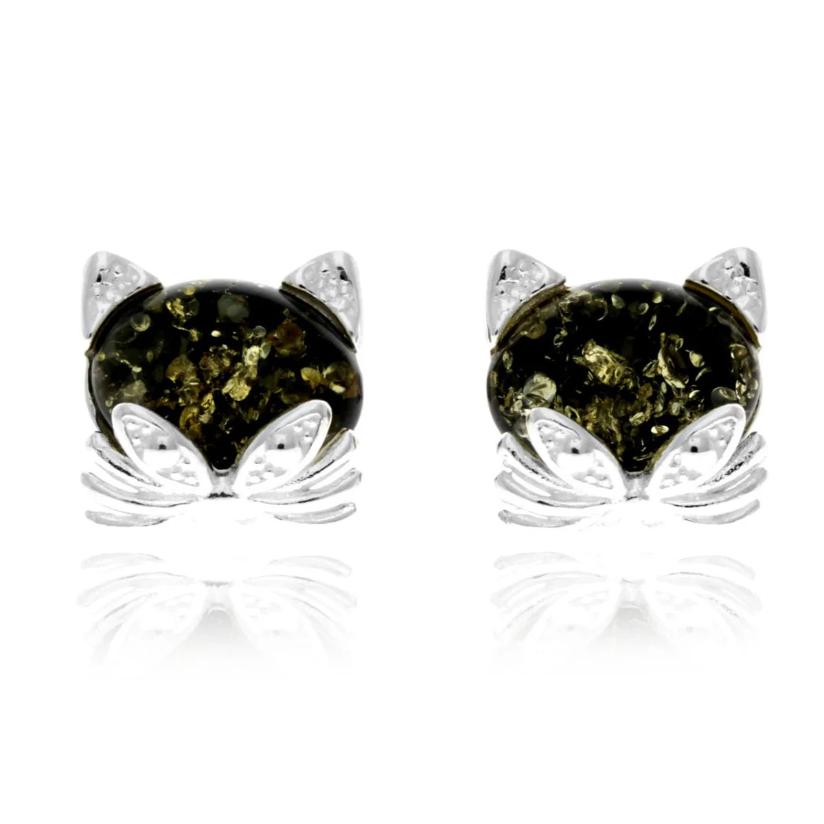 Sterling Silver Cat Amber Stud Earrings – Cute Baltic Amber Kitty Earrings (Cognac, Green or Yellow)