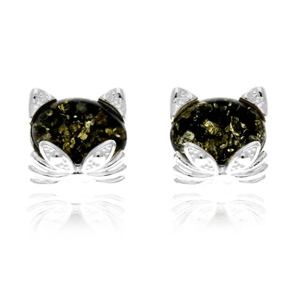 Sterling Silver Cat Amber Stud Earrings – Cute Baltic Amber Kitty Earrings (Cognac, Green or Yellow)