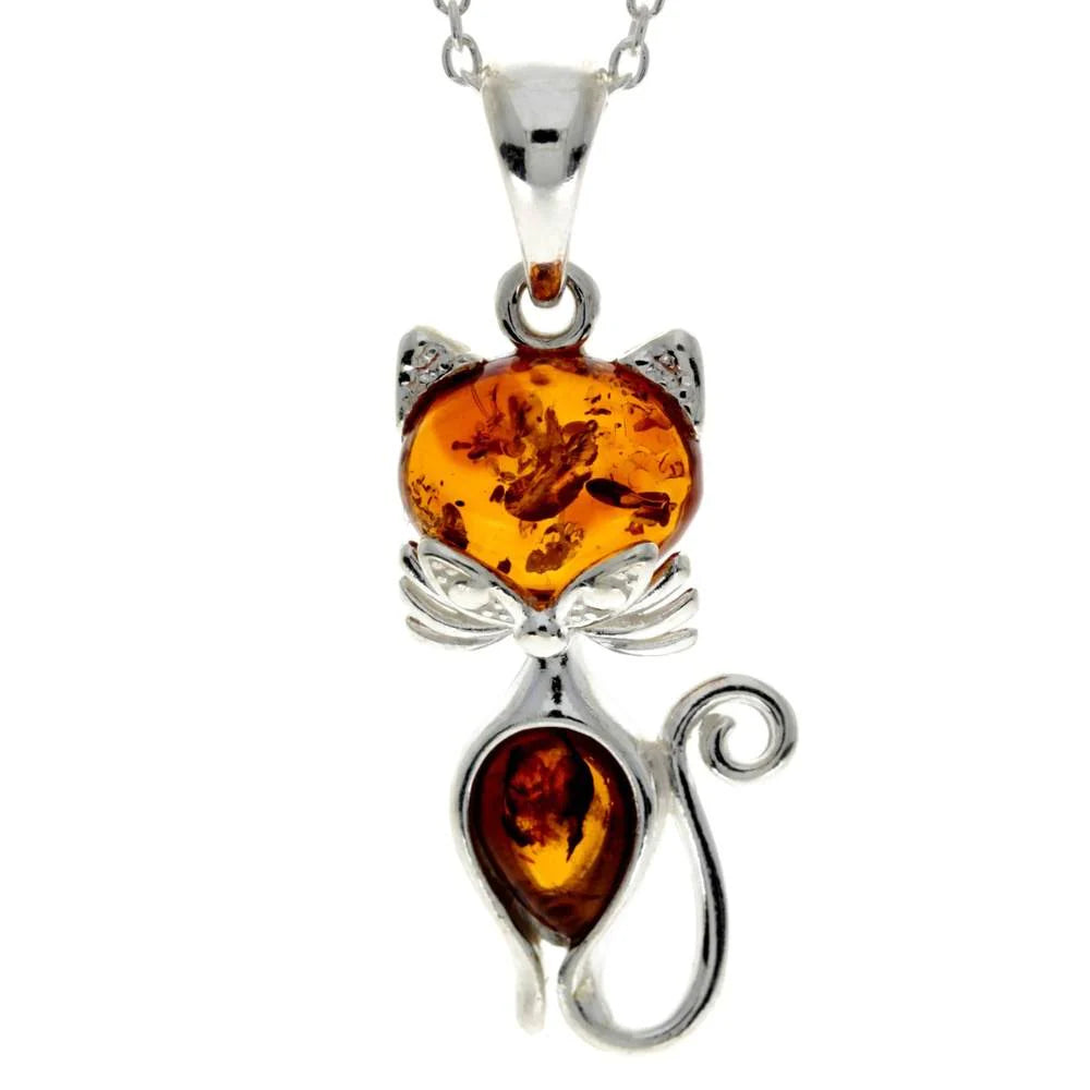 Sterling Silver Cat Pendant with Baltic Amber – Cute Modern Cat Necklace for Her | Animal Lover Gift