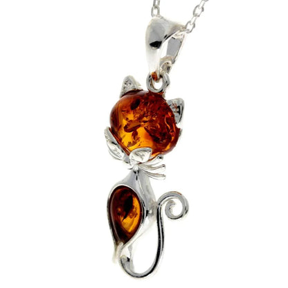 Sterling Silver Cat Pendant with Baltic Amber – Cute Modern Cat Necklace for Her | Animal Lover Gift
