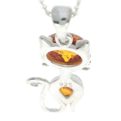 Sterling Silver Cat Pendant with Baltic Amber – Cute Modern Cat Necklace for Her | Animal Lover Gift