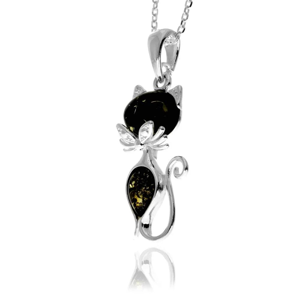 Sterling Silver Cat Pendant with Baltic Amber – Cute Modern Cat Necklace for Her | Animal Lover Gift