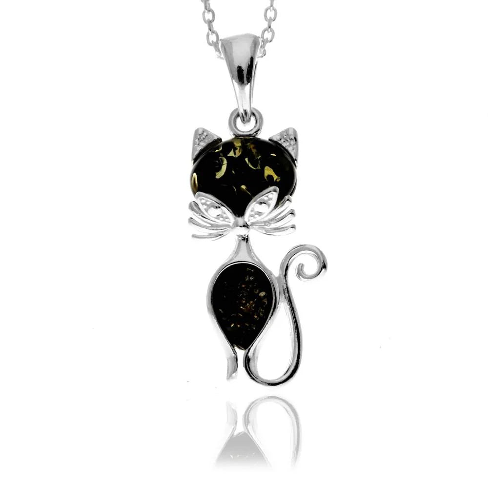 Sterling Silver Cat Pendant with Baltic Amber – Cute Modern Cat Necklace for Her | Animal Lover Gift