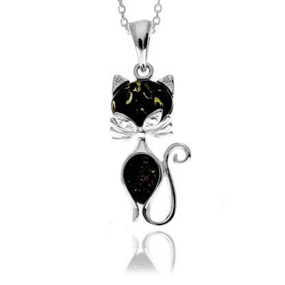 Sterling Silver Cat Pendant with Baltic Amber – Cute Modern Cat Necklace for Her | Animal Lover Gift