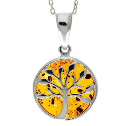 Sterling Silver Baltic Amber Tree of Life Pendant – Genuine 925 Silver Necklace (Cognac or Green)