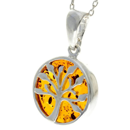 Sterling Silver Baltic Amber Tree of Life Pendant – Genuine 925 Silver Necklace (Cognac or Green)
